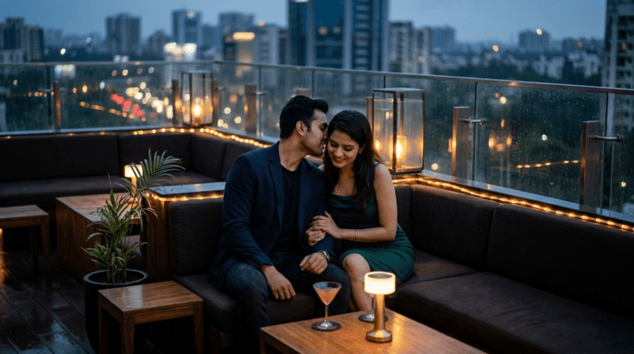 An attractive Indian couple flirting and enjoying a romantic evening at a sophisticated rooftop lounge