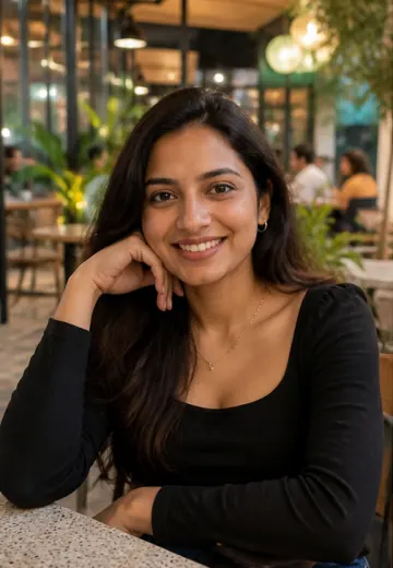 Meera smiling in a Bangalore cafe profile photo
