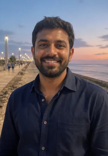 Vikram on a Chennai seafront walk in a profile photo
