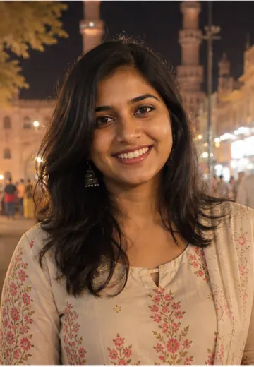 Aisha near a Hyderabad evening street in a profile photo